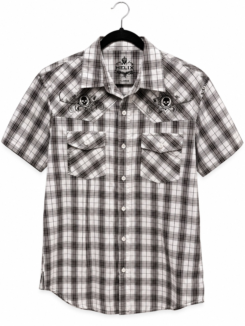 Helix Men’s Large Y2K Plaid Skull Embroidered Short Sleeve Button Up